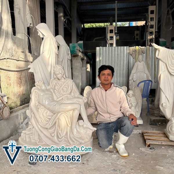 Tượng Đức Mẹ Sầu Bi bằng đá trắng đẹp cao 1 mét (ĐMSB13)