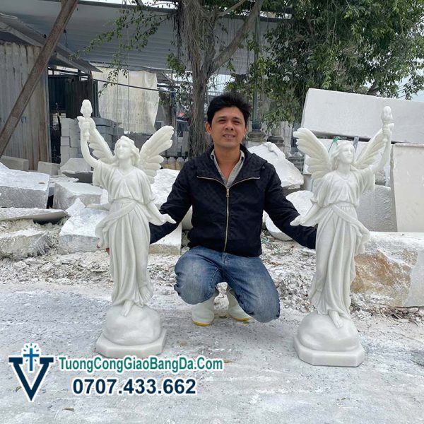 Tượng Thiên Thần Cầm Đuốc bằng đá cẩm thạch trắng cao 1 mét (TT12)