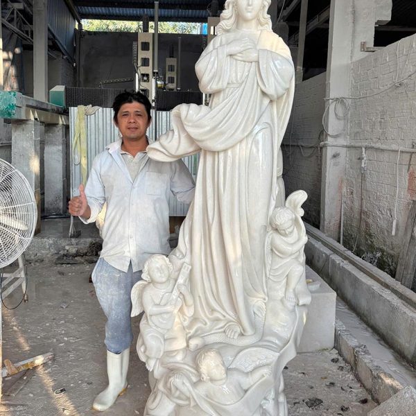 Tượng Đức Mẹ Lên Trời bằng đá cẩm thạch nguyên khối cao 2,2 mét (ĐMLT010)