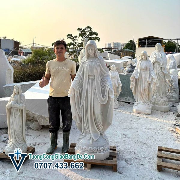 Tượng Đức Mẹ Ban Ơn cao 1,6 mét bằng đá trắng đẹp nguyên khối (BANƠN57)