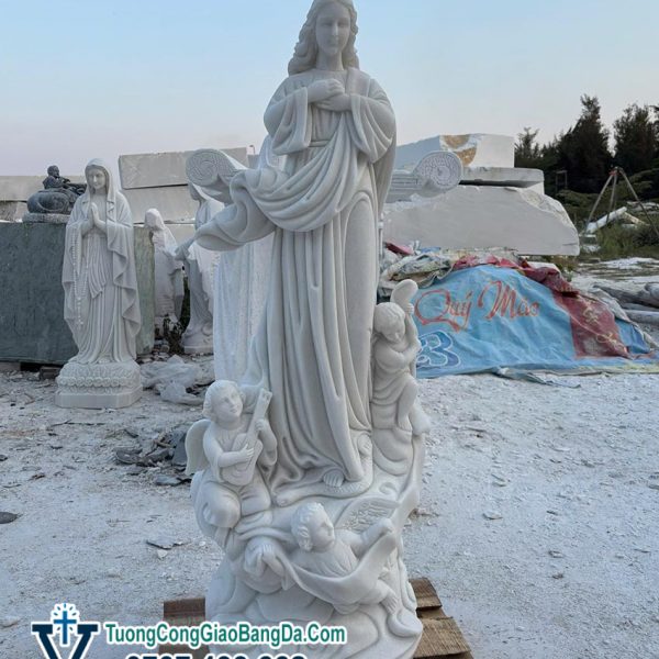 Tượng Đức Mẹ Và Thiên Thần cao 1,2 mét bằng đá cẩm thạch (ĐMLT011)