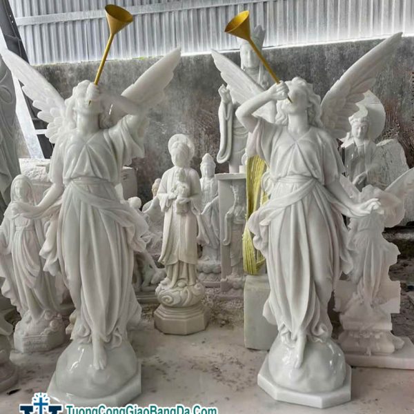 Tượng Thiên Thần thổi loa truyền tin bằng đá cẩm thạch cao 1,1 mét (TT033)