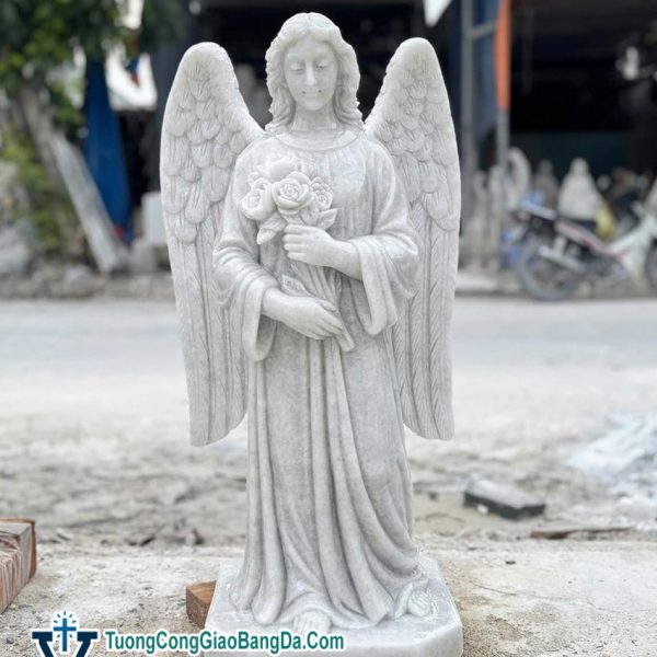 Tượng Thiên Thần Ôm Hoa Hồng bằng đá tự nhiên cao 70 cm (TT41)
